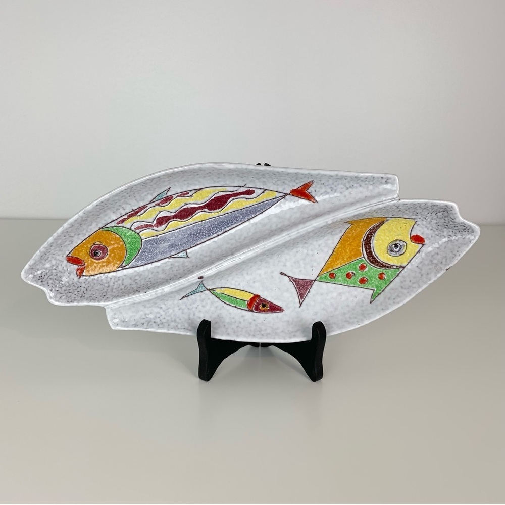 Italian Fish Dish Decorative Plate Whimsical Fishes Signed Italy Vibrant Vtg MCM